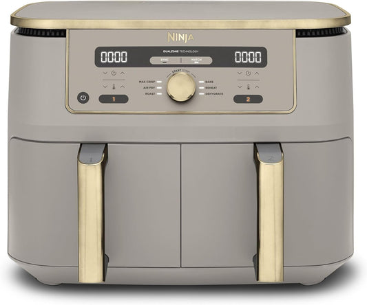 MAX Dual Zone Digital Air Fryer, 2 Drawers, 9.5L, 6-In-1, Uses No Oil, Air Fry, Max Crisp, Roast, Bake, Reheat, Dehydrate, Non-Stick, Dishwasher Safe Baskets, Stone Gold DZ400UKSTGD